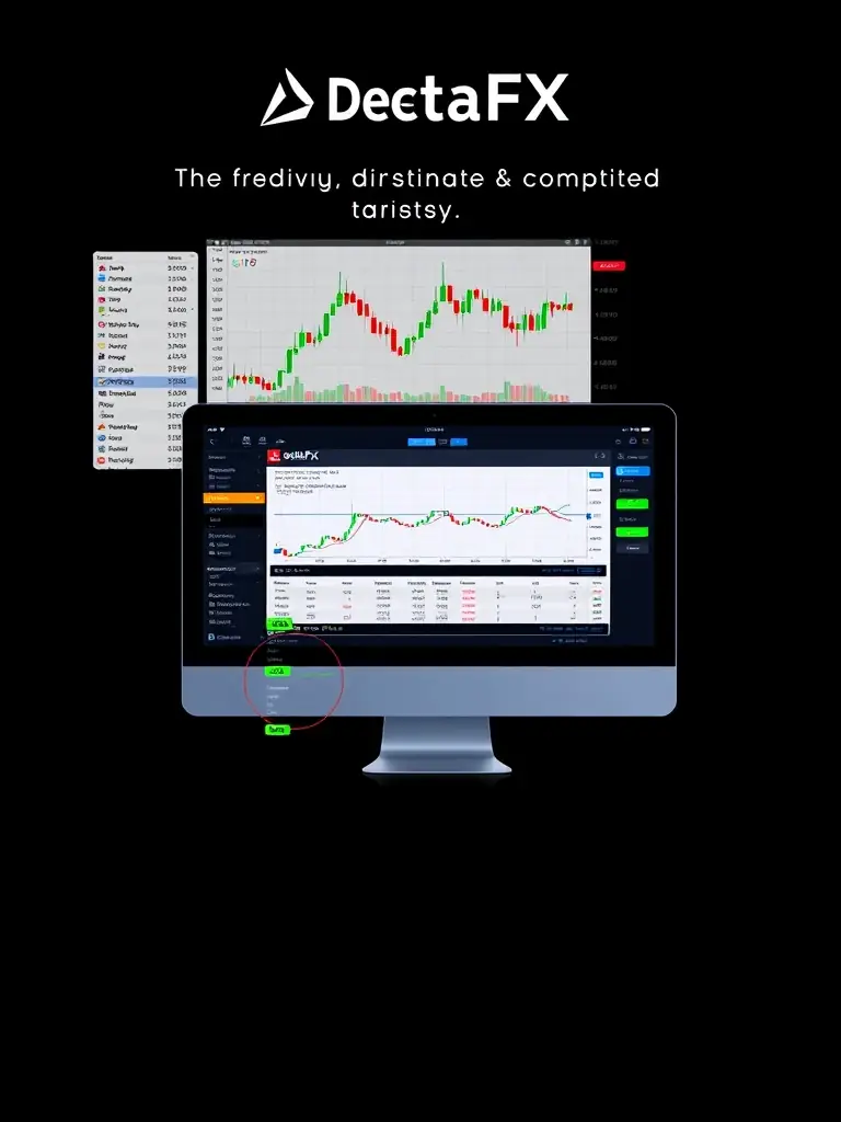 A visually appealing screenshot of the DeltaFX web trading platform, showcasing its clean interface, real-time charts, and order entry panel.