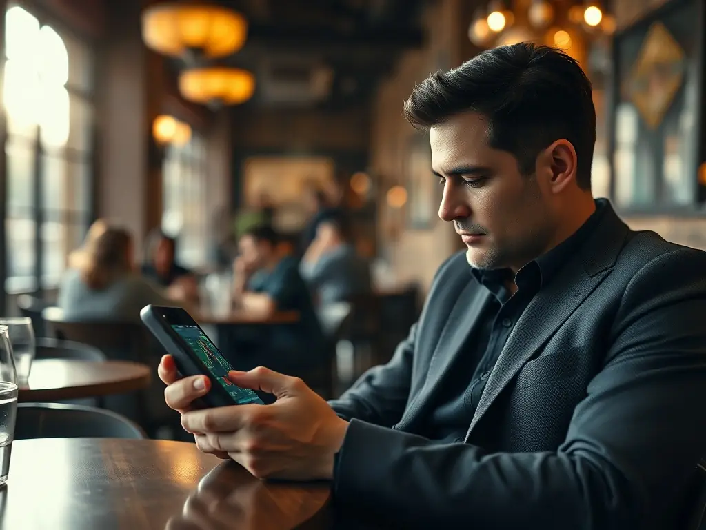 A professional trader using the DeltaFX mobile app to monitor and manage trades on the go, emphasizing the platform's accessibility and convenience.