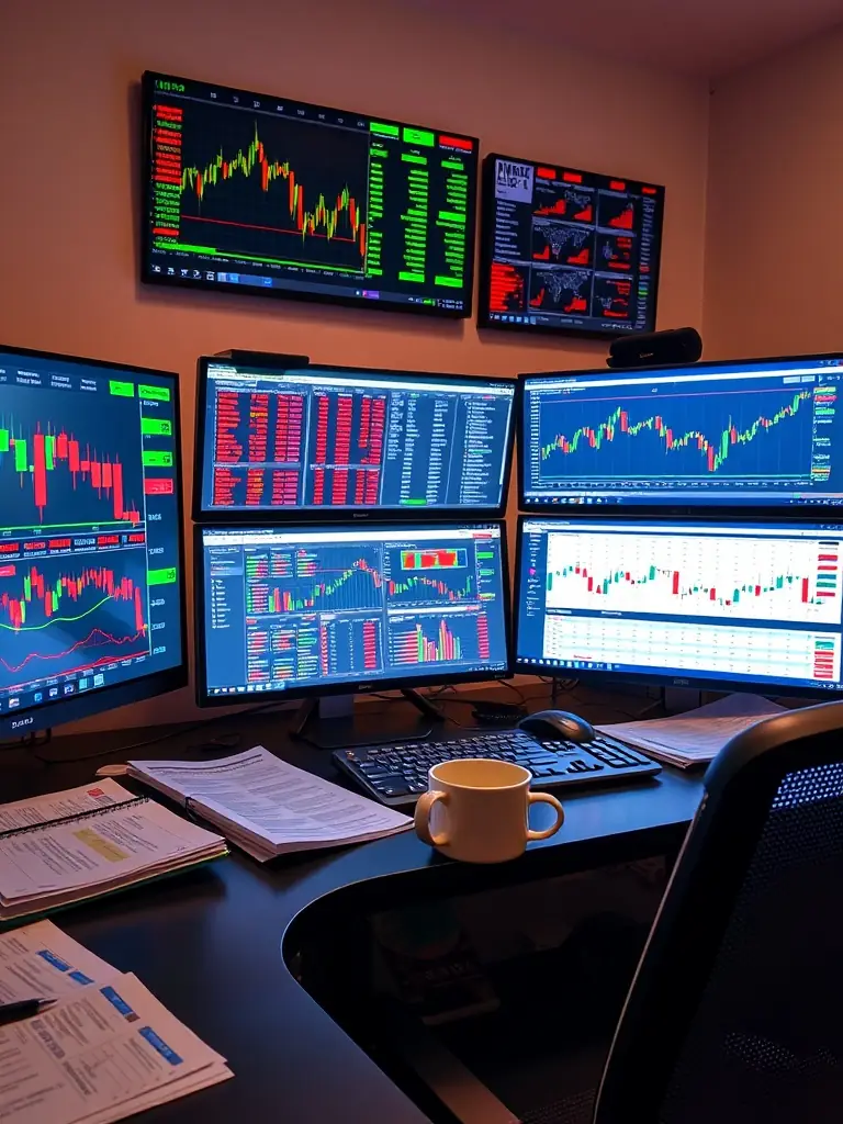 A professional trading desk setup with multiple monitors displaying complex charts and analysis tools, representing the advanced features of the DeltaFX Pro platform.