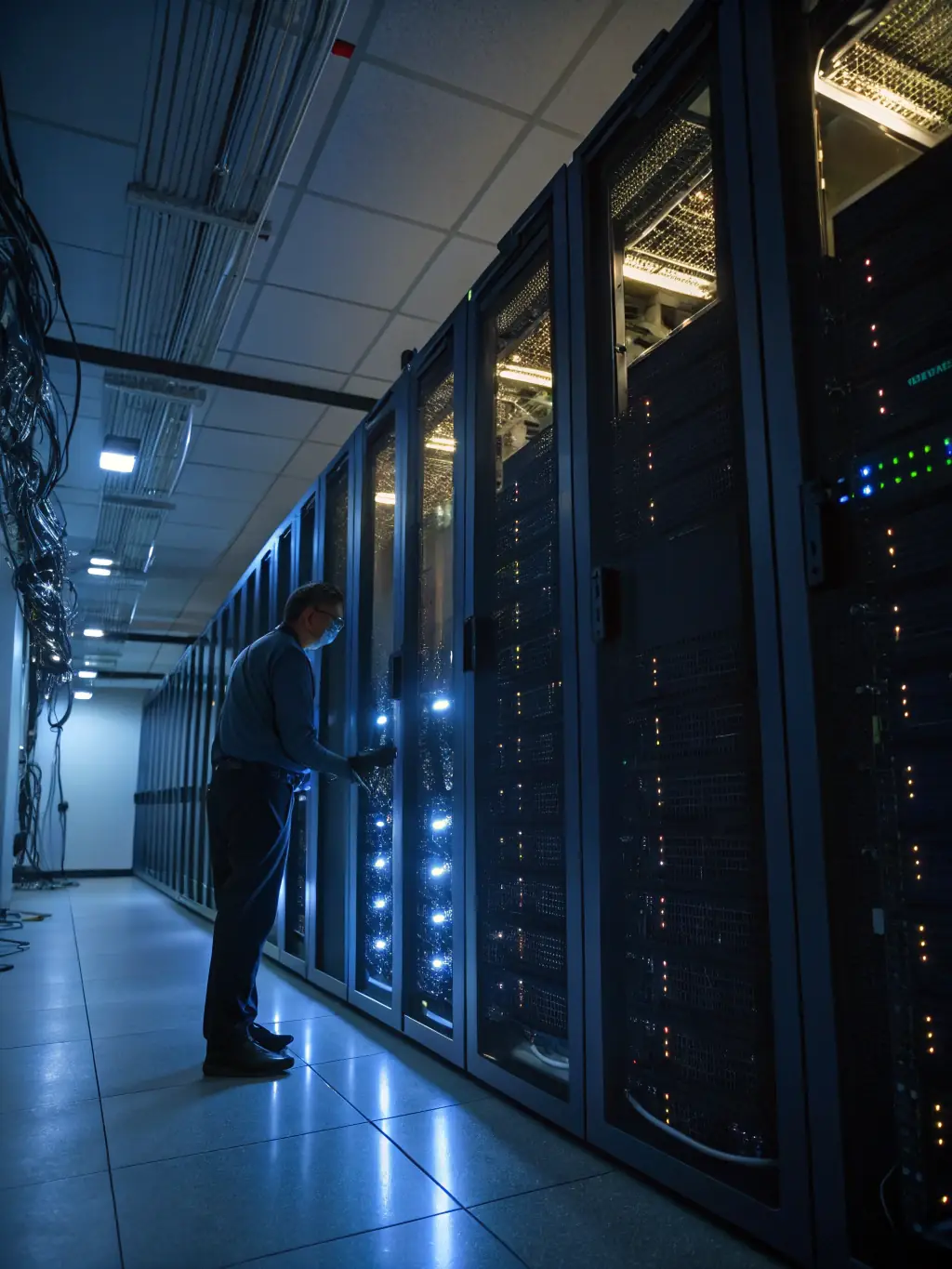 An image of a secure server room with blinking lights, symbolizing the robust security and reliability of DeltaFX's trading infrastructure.