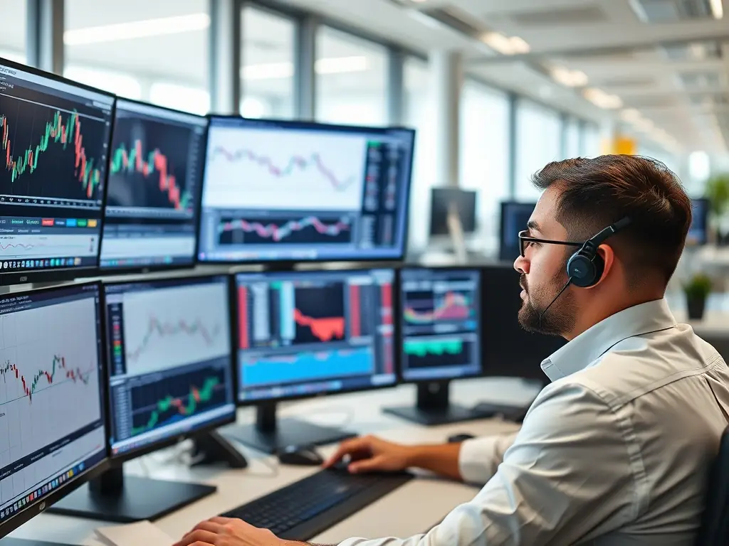 A focused trader analyzing forex charts on a multi-monitor setup, highlighting the real-time data and analytical tools provided by DeltaFX for informed decision-making in forex trading.